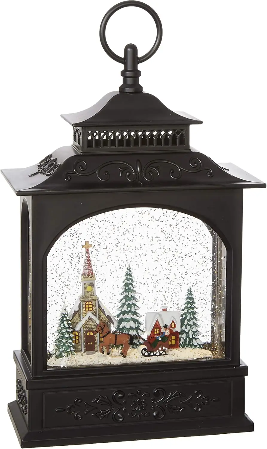 

Black Musical Lighted Water Lantern Figurine, Town Scene Decor, 11 Inch