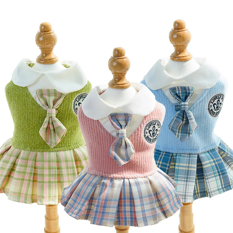 College Style Dog Dress for Small Dogs, Plaid Skirt, Pink,Blue,Green, Spring Dog Clothes, Cat, Chihuahua, XL