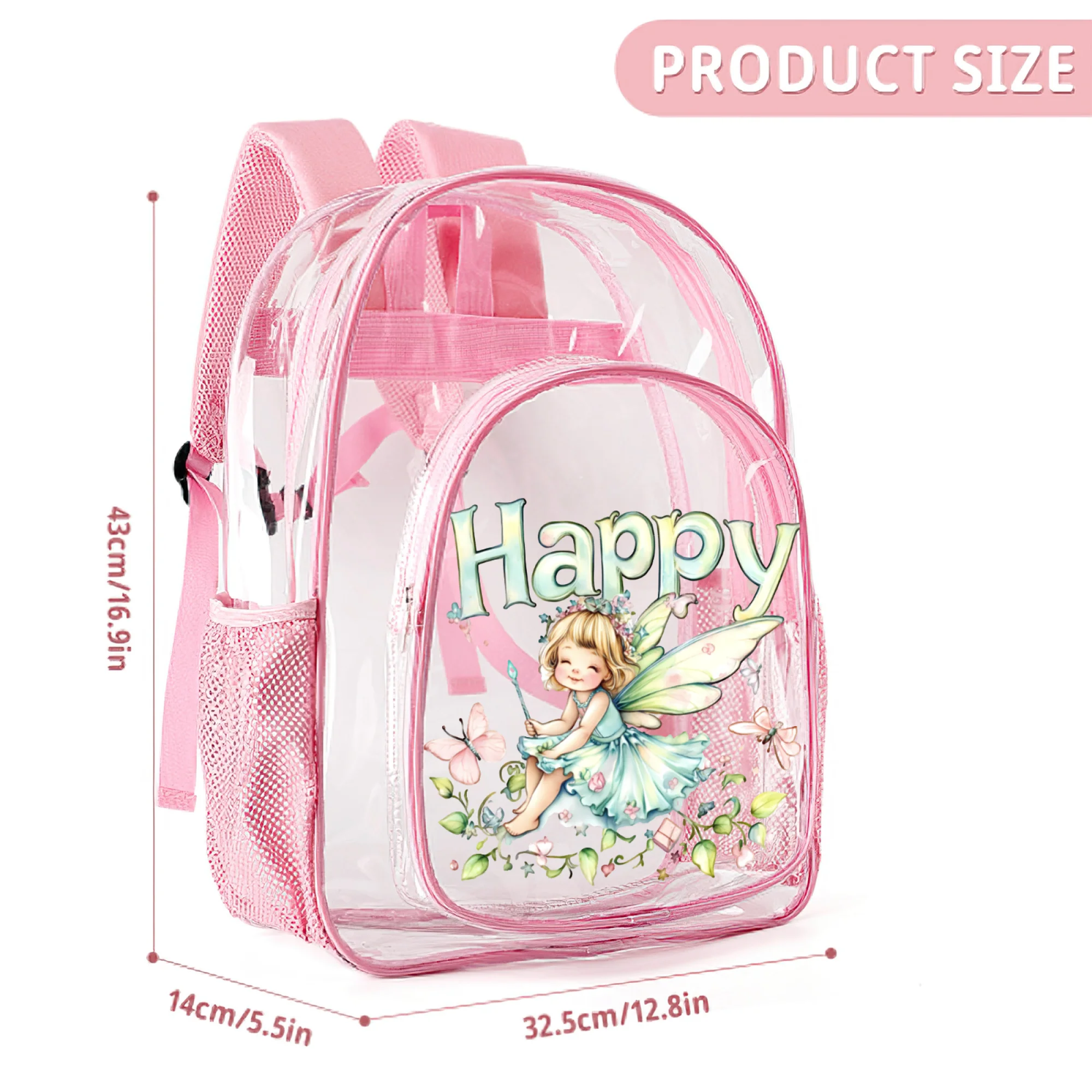 16inch Children PVC Transparent Happy Fairy Butterfly Print Backpack Pink School Bag for Cheerful Events,Daily Use,Backpack Gift