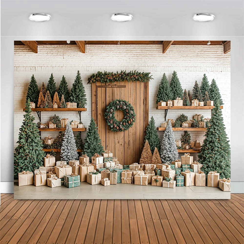 Christmas Vintage Wooden Door Photography Backdrop Green Xmas Tree Gift Decor Photo Background Kids Portrait Photo Studio Props