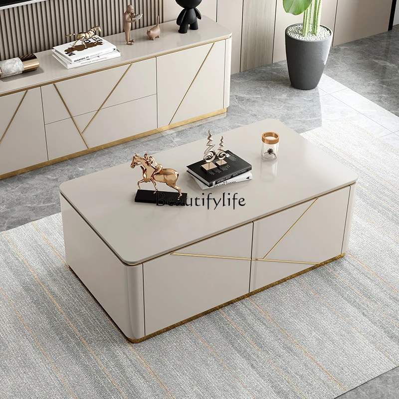 

04Simple modern living room household square coffee table small apartment rock slab square table