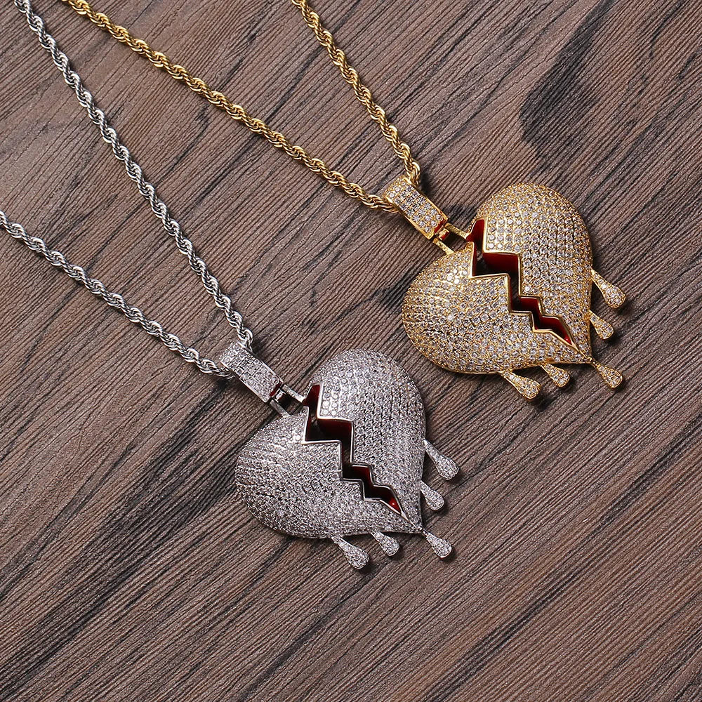 

3D Broken Heart with Dripping Blood Heart Shaped Pendant Hip Hop Necklace Copper Inlaid Zircon Rap Accessories Couple Jewelry