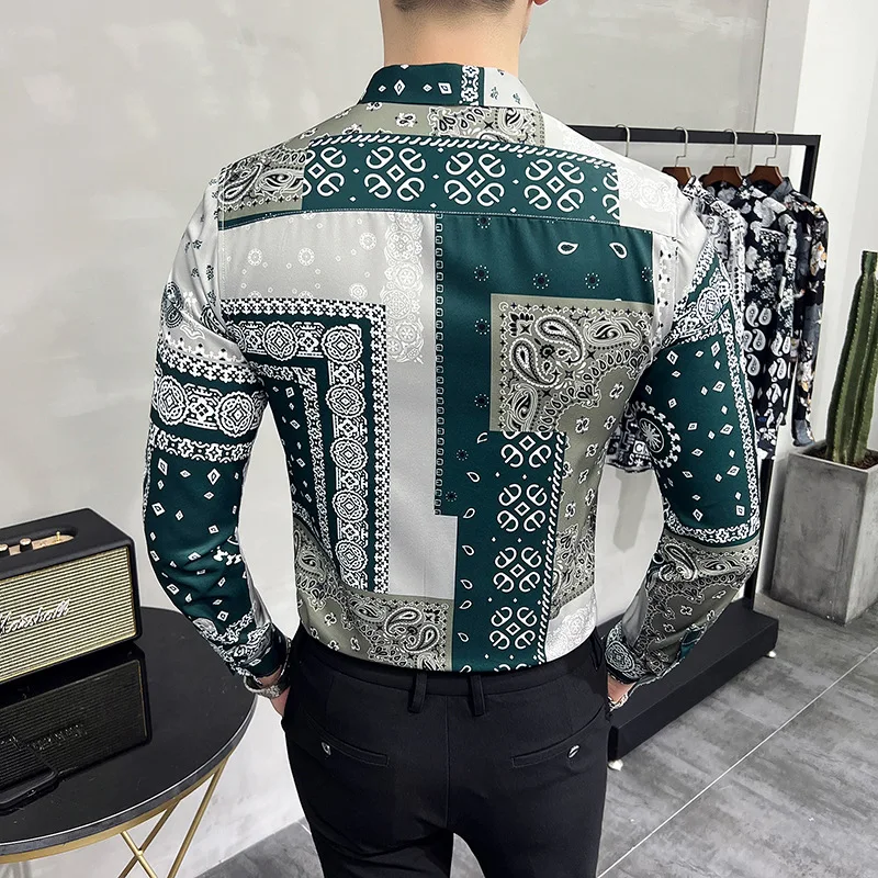 Plus Size 6XL-M New Digital Printing Shirts Fashion Men Long Sleeve Social Party Clothes Mens Brand Casual Business Green Shirts