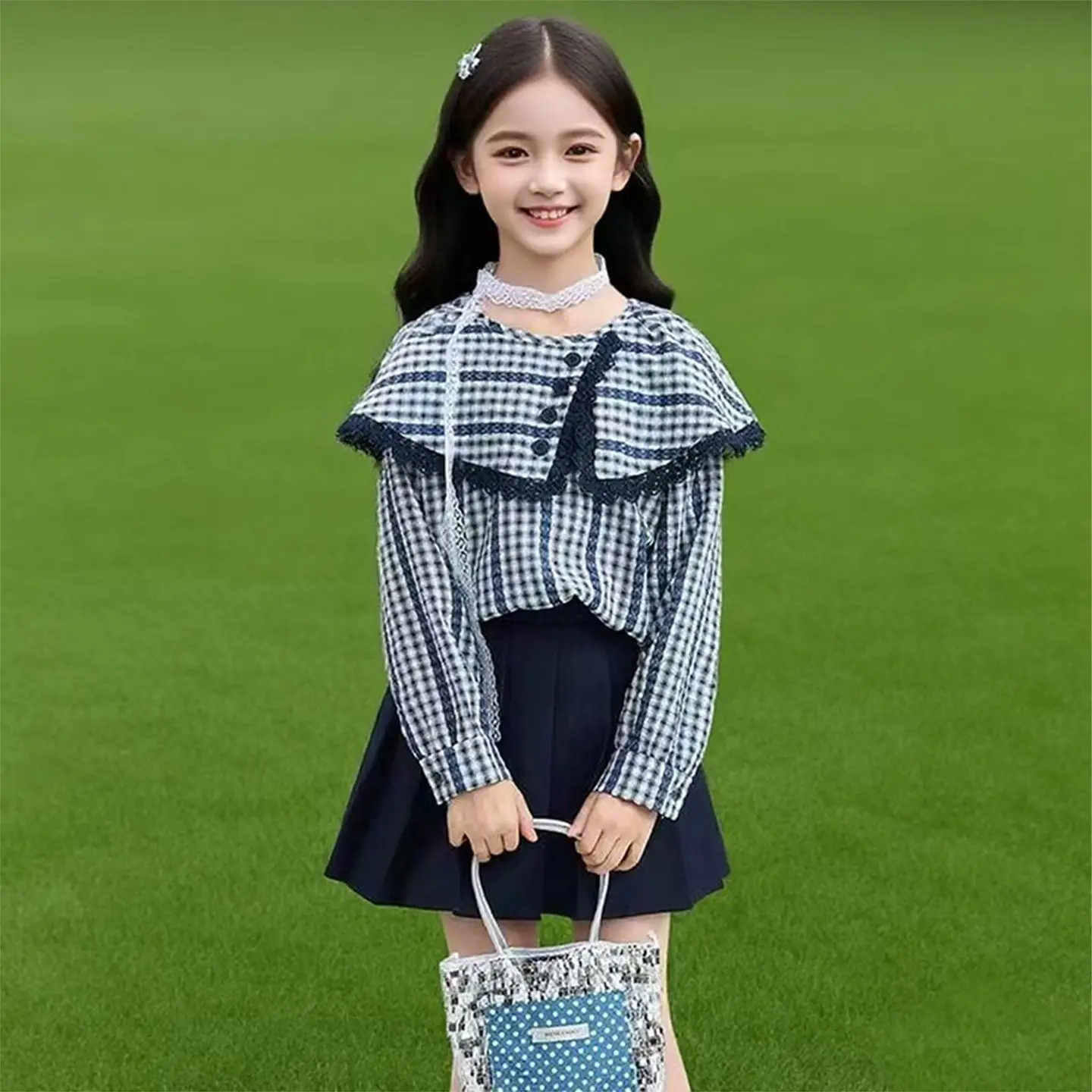 Girl's Plaid Shirt Autumn 2026 New Korean Style Trendy Long Sleeve Collared Children's Clothing Fashionable Cotton Blouse