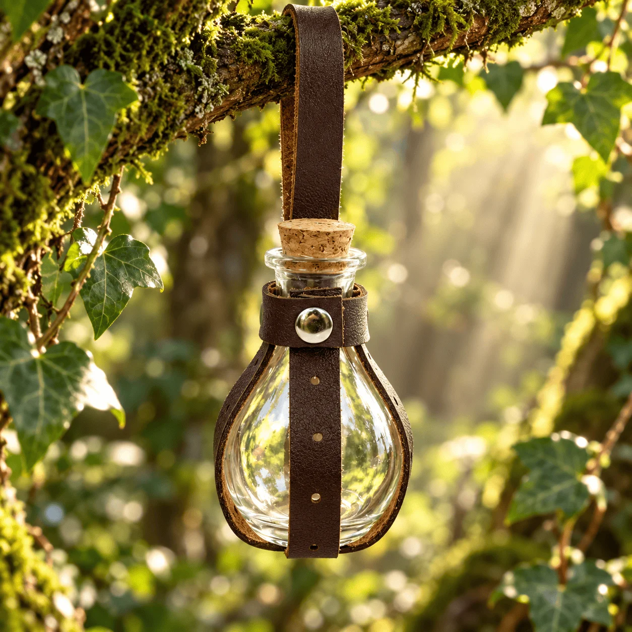 Medieval PU Leather Potion Bottle Belt Holder, Vintage Glass Alchemy Flask with Cork for Witch Elf Druid LARP Renaissance Cospla