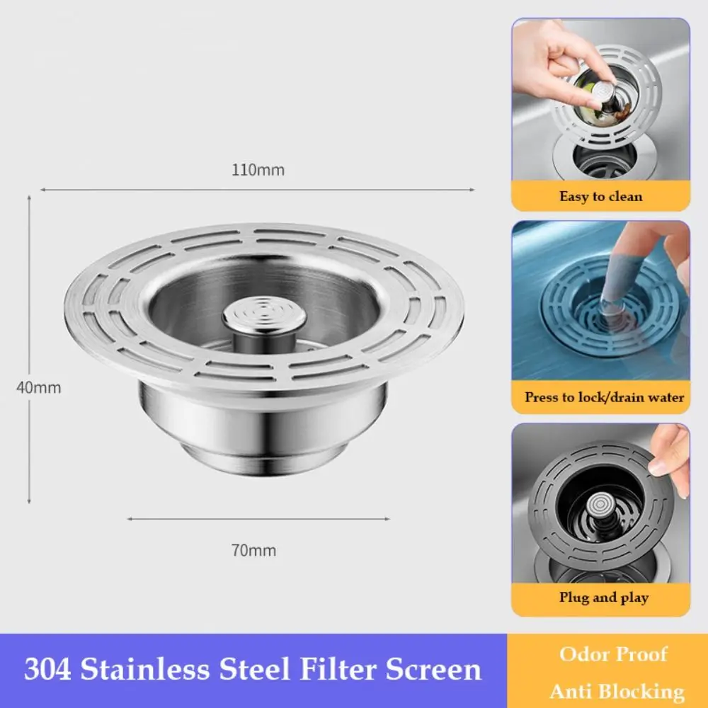 Stainless Steel Kitchen Sink Strainer Rust-Proof Anti Blocking Kitchen Drain Filter Detachable Odor Proof Sink Bounce Core