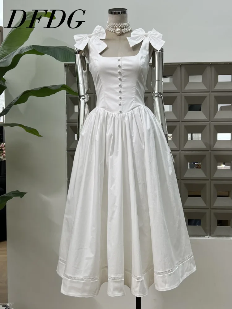 

DFDG Women’s 2025 Spring Summer Vintage Square Neck Sleeveless Button Long Dress Bow Waist Elegant Evening Formal Banquet Dress