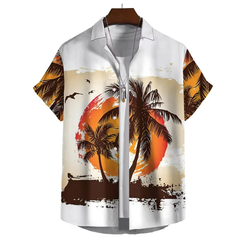 Coconut Tree Sun Pattern Hawaiian Shirt For Men Hawaii 3D Printed Beach Shirts Summer Casual Loose Short Sleeve Street Blouses