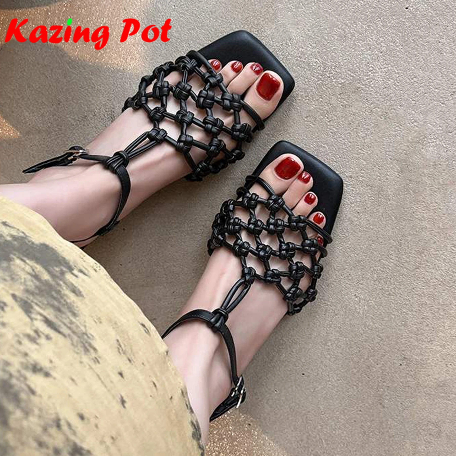 

Krazing Pot, соломенное плетение, гладиатор из натуральной кожи, элегантная летняя обувь на низком каблуке с открытым носком, роскошные современные женские сандалии в полом стиле