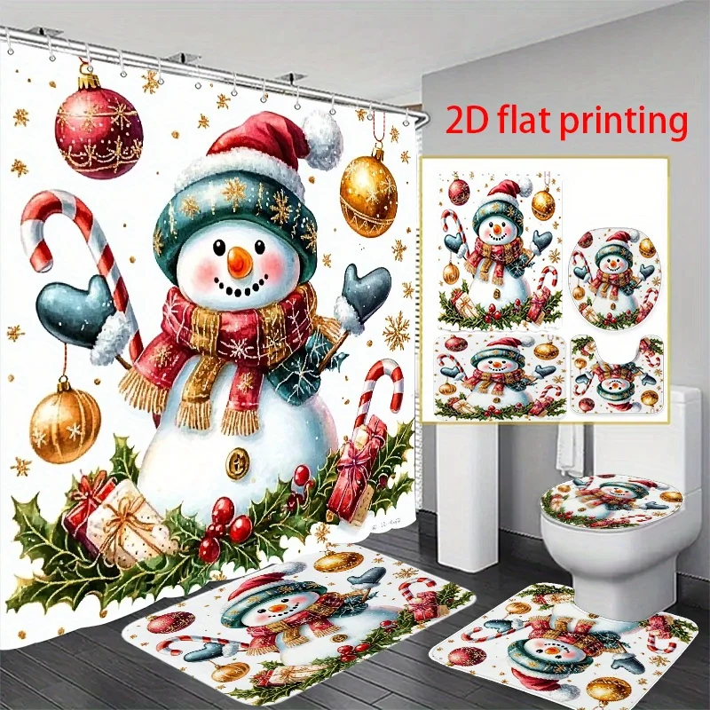 

4pcs Snowman Candy Cane Shower Curtain Set, 2D Flat Print Bathroom Decor with 12 Hooks, for Modern Home