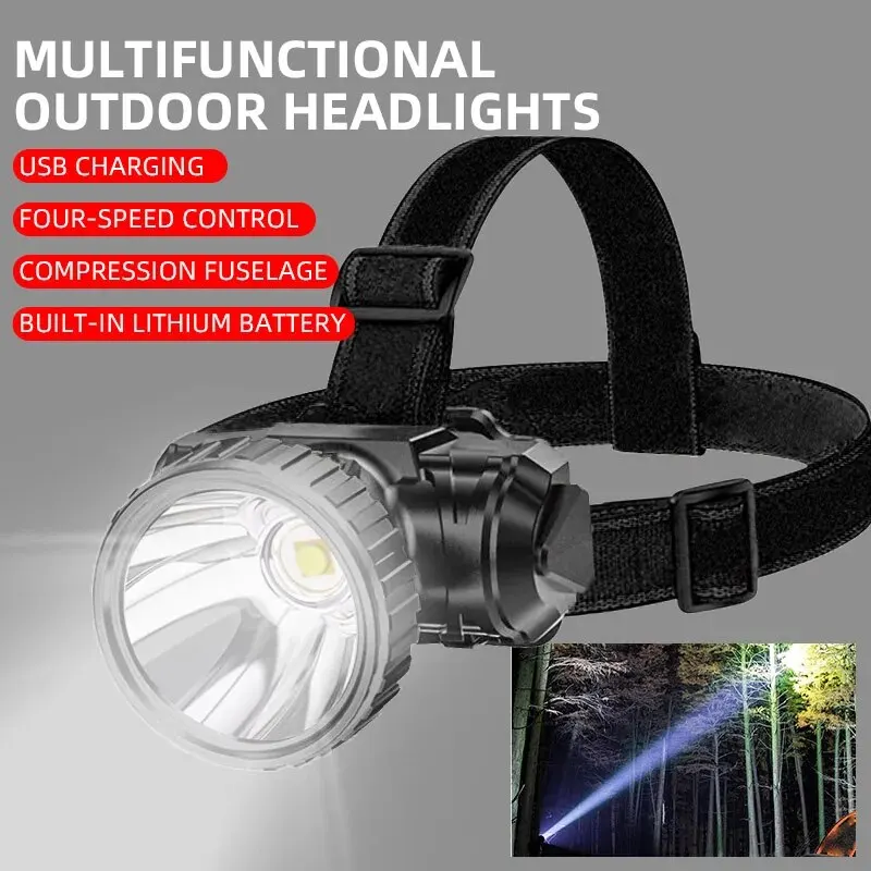 LED Strong Light Five Headed Outdoor Waterproof Fishing Light USB Rechargeable Ultra Bright Head Mounted Flashlight