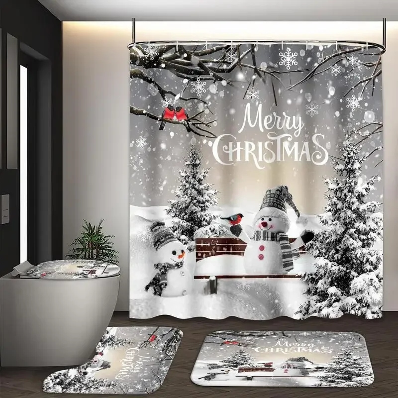 Christmas Themed Shower Curtain, Snowman Pattern Bathroom Curtain with 12 Hooks, Bathroom Rug Set