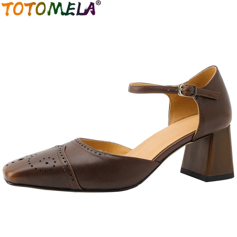 

TOTOMELA 2024 Size 33-43 New Thick High Heels Shoes Vintage Ladies Dress Sandals Buckle Genuine Leather Women Sandals