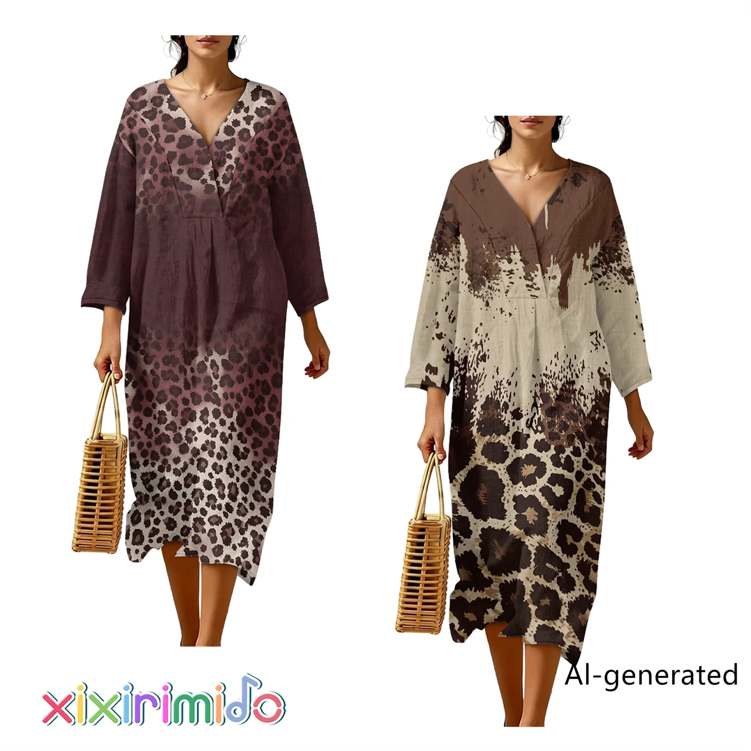 

XIXIRIMIDO 2026 Summer Women's Linen V-neck Three-quarter Sleeve Dress Ladies Elegant Gradient Leopard Print Long Dress