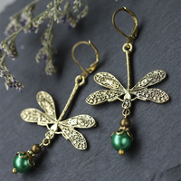 1Pcs Vintage Dragonfly Droplet Zircon Decor Dangle Earrings Retro Bohemian Style Gold Plated Jewelry Trendy Female Earrings