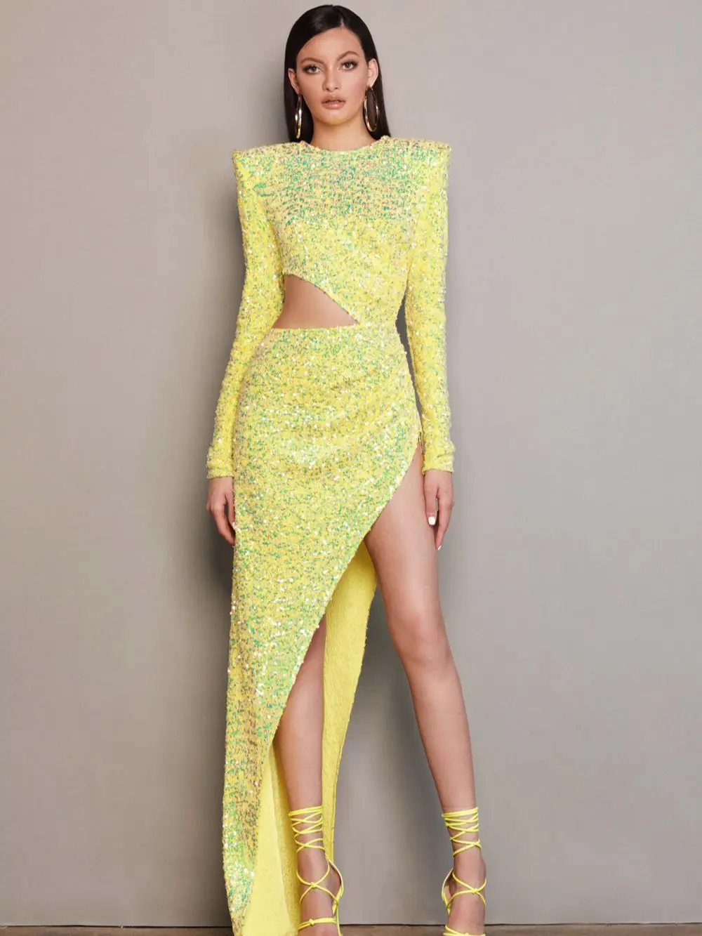 

New Women Sexy Designer Sequins Sparkly Yellow Long Dress 2022 Elegant Bling Ankle Length Evening Bodycon Party Dress Vestidos