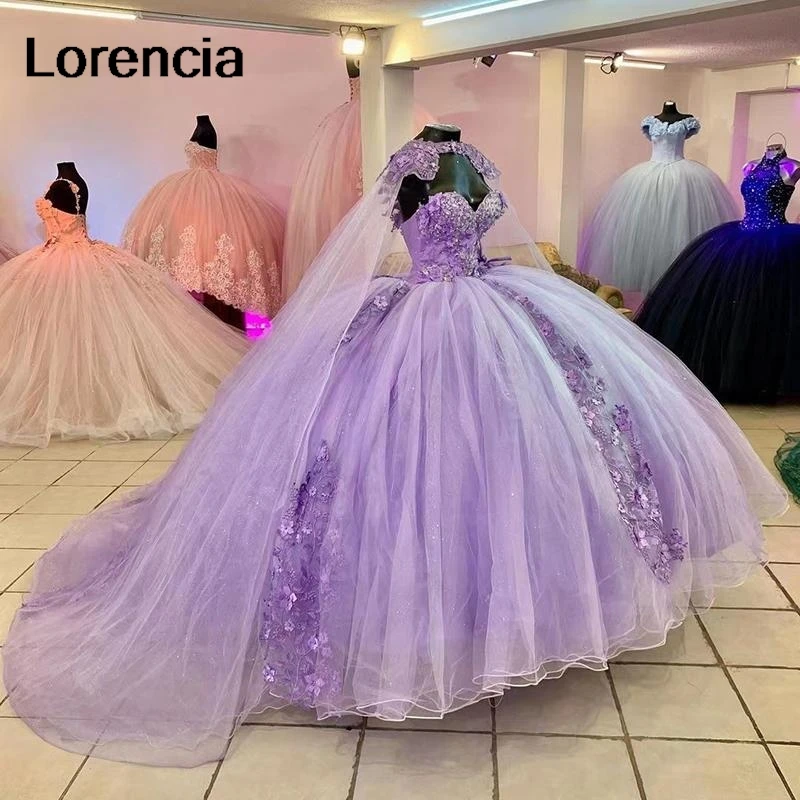 

Lorencia Princess Lilac Quinceanera Dress With Cape 3D Flowers Beading Appliques Ball Gown Sweet 16 Vestidos De 15 Años YQD798