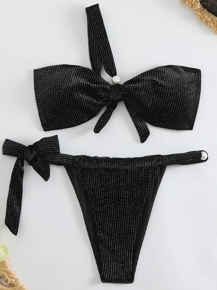 

Bikini Women Swimsuit 2025 New Black Brilliant Diamond Bikinis Set Sexy Bandeau Swimwear Summer Beach Wear Bathing Suit Female