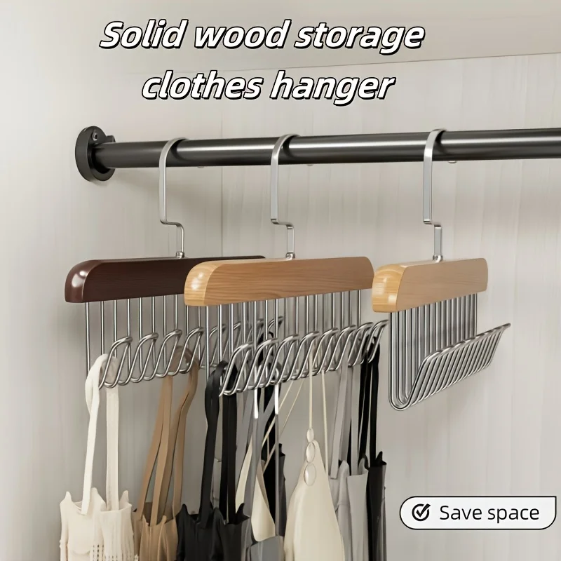 2PCS Wooden Hanging Clothes Rack with Multiple Hooks for Und