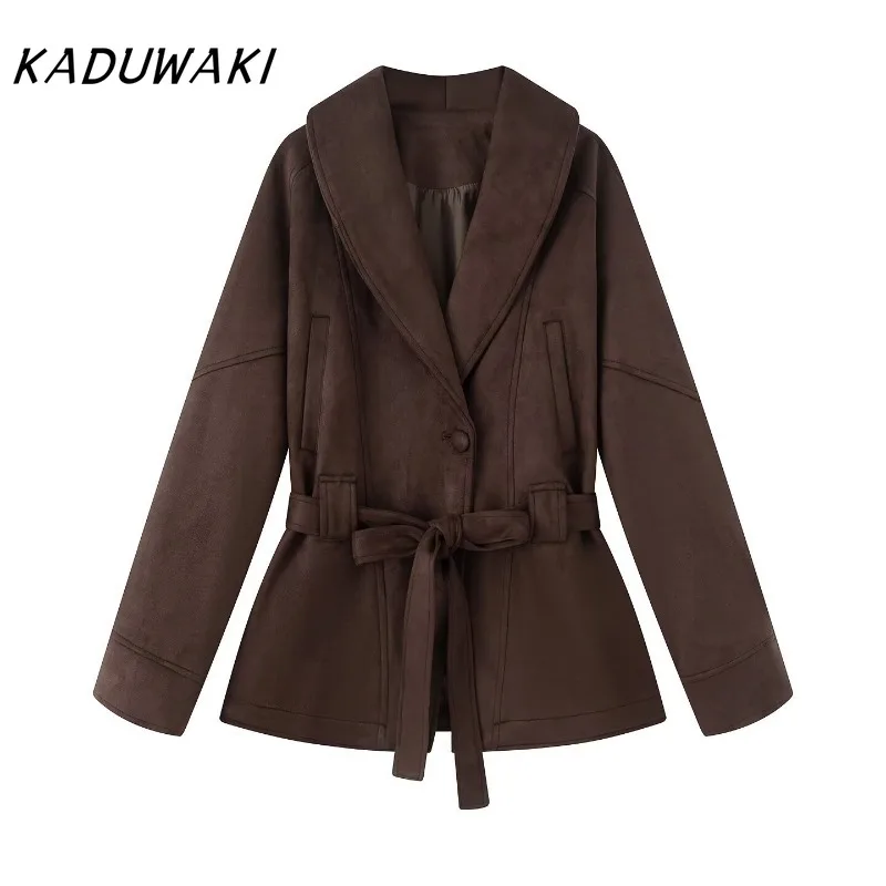 

KADUWAKI Autumn Chic Women Fashion Maillard Belt Slim Unique High-end Trench Suede Coat Female High Street Casual Lapel Jackets