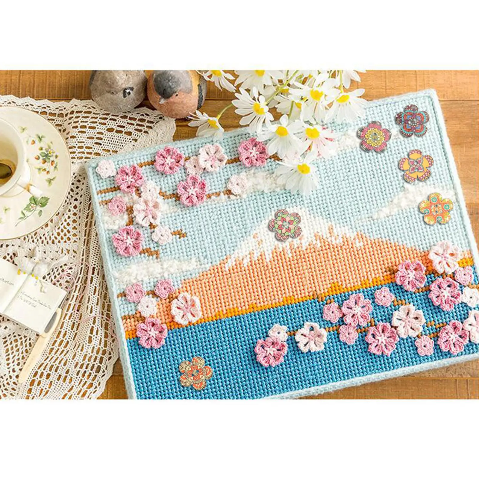 5x100pcs Mixed Random Flower Painting Wooden Retro Buttons Assorted Color 1