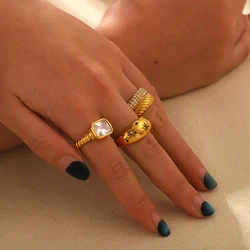 PVD 18K Gold Plated Stainless Steel Rings Chubby Star Cubic Zirconia Statement Finger Ring Bijoux Femme New Waterproof Jewelry