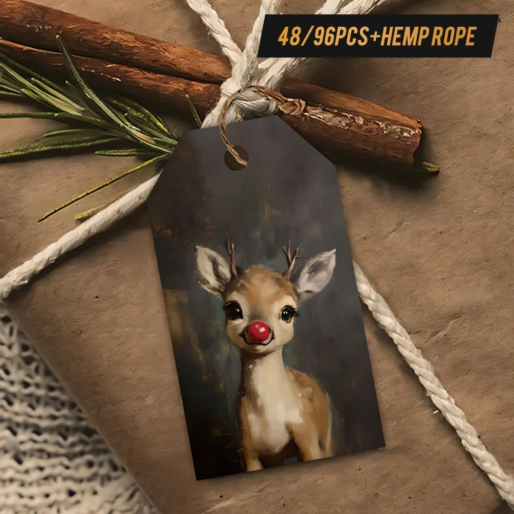 48 Stück Vintage-Weihnachtsgeschenkanhänger mit Hanfseil, klassische Feiertagsanhänger, Elchdekorationen, Präsentation, Verpackung, Etikett, Party-Dekoration