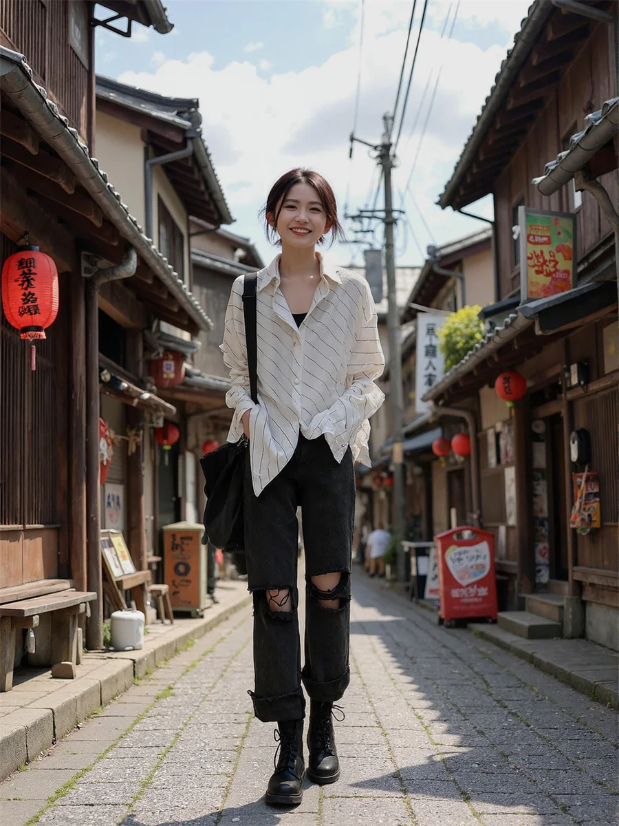 Loch Zerrissene Jeans Baggy Für Frau Denim Hosen Frauen Kleidung Herbst Satin Breitbeinig Arbeiten Pendeln Büro Professionelle Einfache