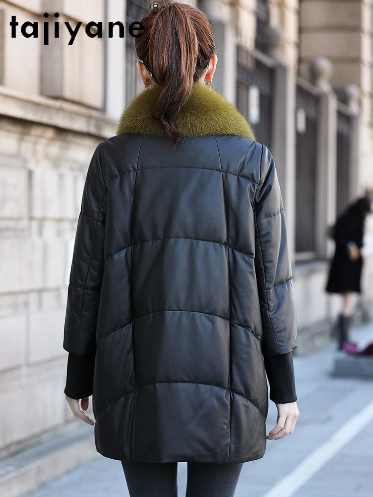 TAJIYANE جلد الغنم الحقيقي بطة أسفل معطف المرأة لوكس الثعلب الفراء طوق ملابس خارجية سترات من الجلد الحقيقي ملابس الشتاء امرأة 2025 كورت #3