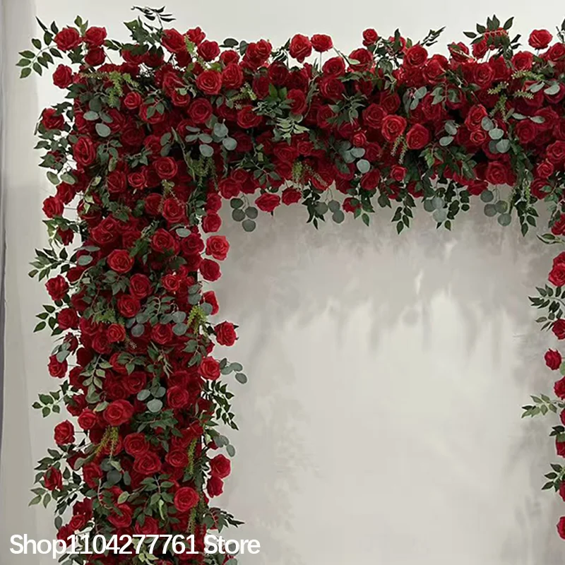 Rote Rose Grünes Eukalyptusblatt Blumenarrangement Blumenreihe Sofa-Läufer Dekoration Hochzeits-Hintergrundrahmen Bogen Fenster Event-Zubehör – Detail 4