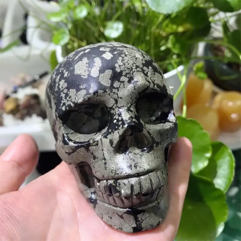 Natural Pyrite Skull Crystal Healing Gift Crafts Home Decoration Polished Figurine Halloween Ornaments