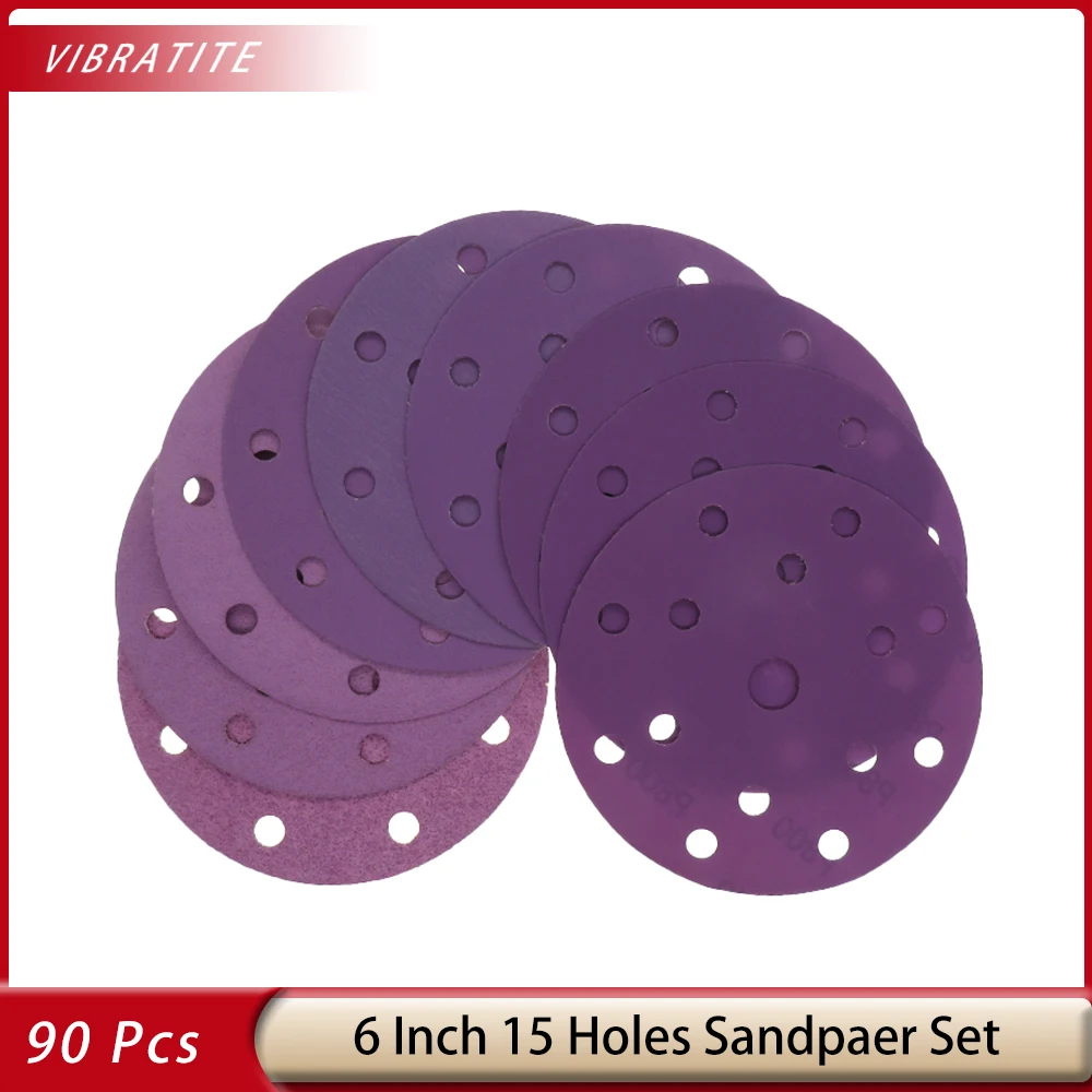 

6 Inch 17 Hole Sanding Discs 90 PCS 40-800Grit Assorted Professional Sandpaper Hook&Loop Random Orbital Sander Round Sandpaper