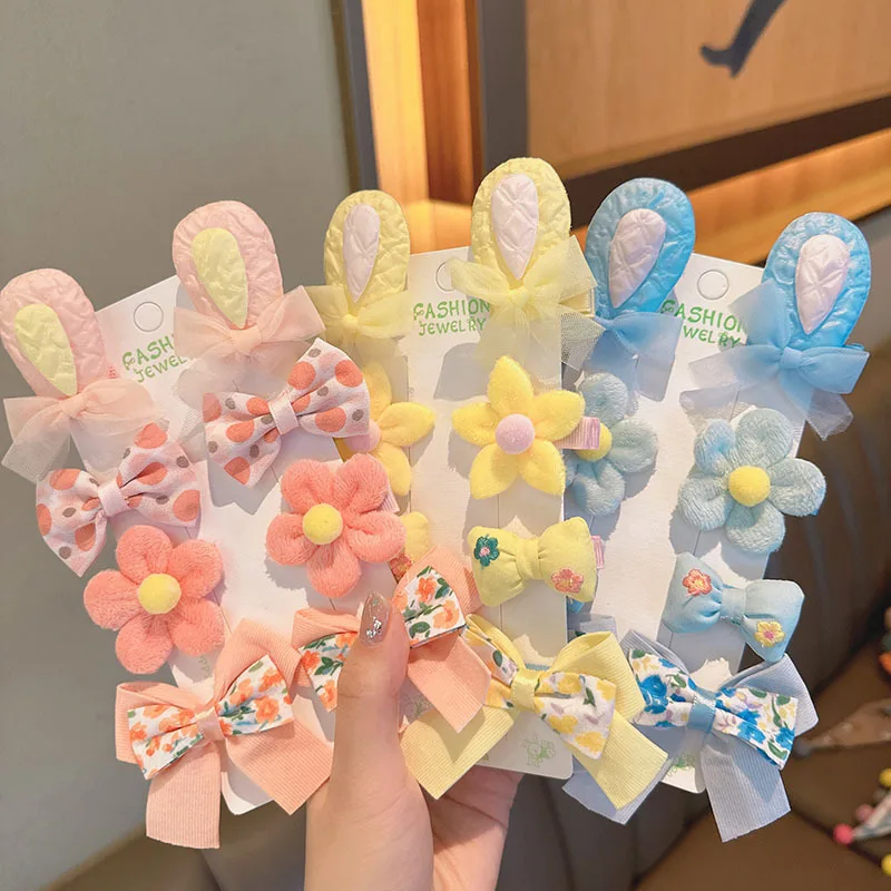 

8 шт./компл., милые заколки для волос с кроличьими ушками для маленьких девочек, осенне-зимние плюшевые заколки для волос с бантом и цветком, двусторонние заколки, детский аксессуар для волос принцессы