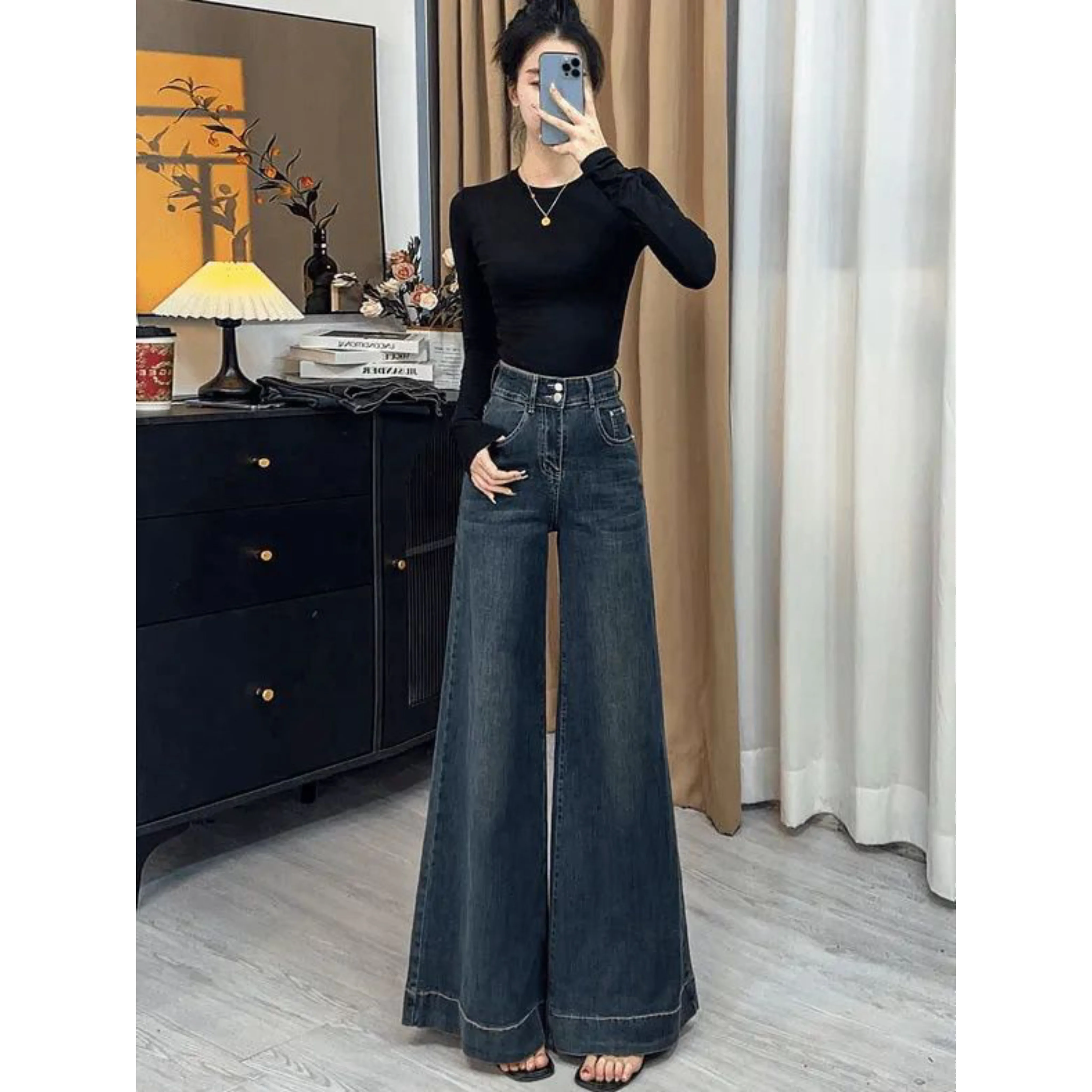 Celana Jeans Wanita Premium Gaya Vintage Korea yang Elegan dan Chic, Model Longgar, Pinggang Tinggi, Slim Fit, Lurus, dan Melebar hingga Lantai untuk Musim Gugur