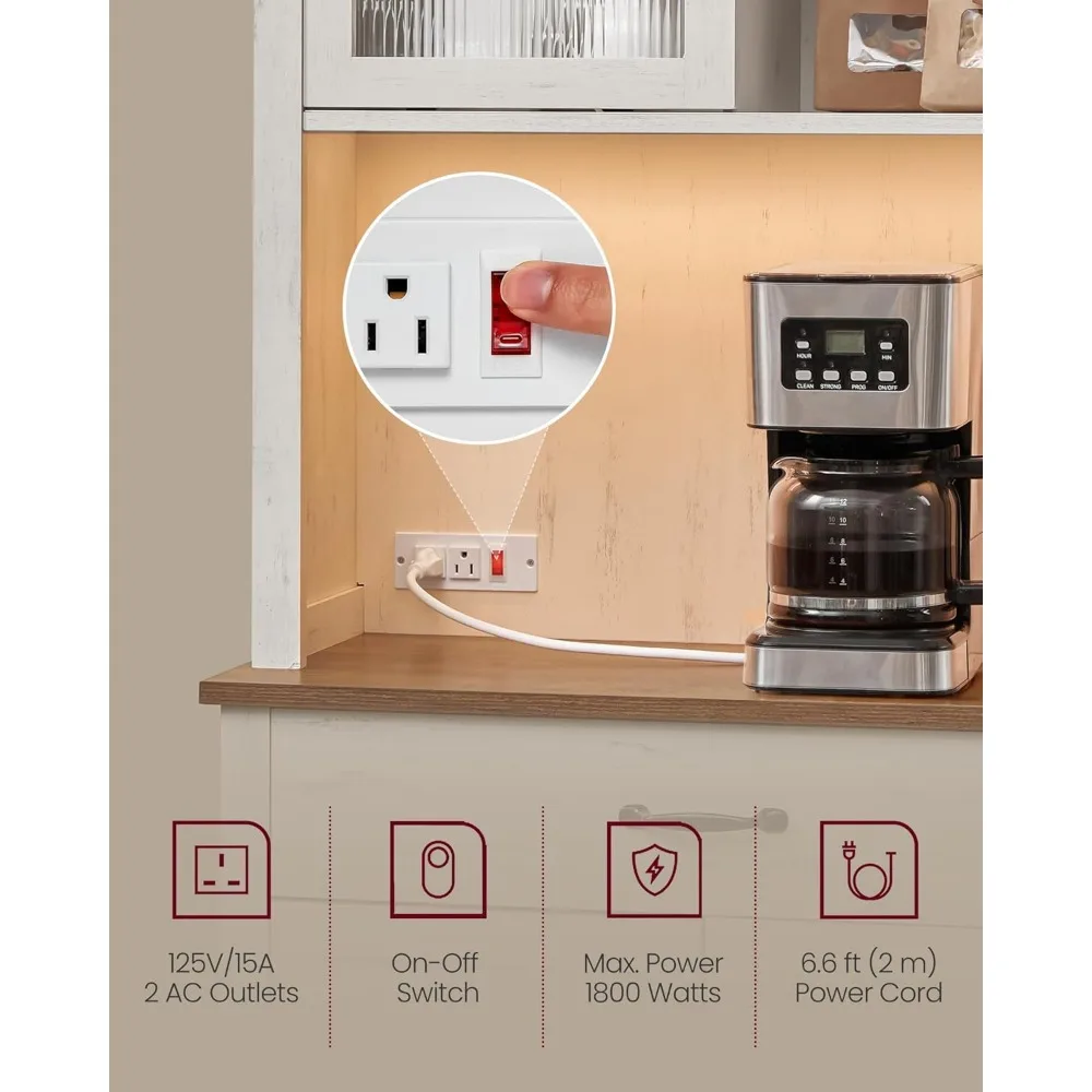 VASAGLE 71 خزانة مخزن المطبخ مع أضواء ومحطة شحن، خزانة بار القهوة مع أبواب ودرج، نمط المزرعة، أ