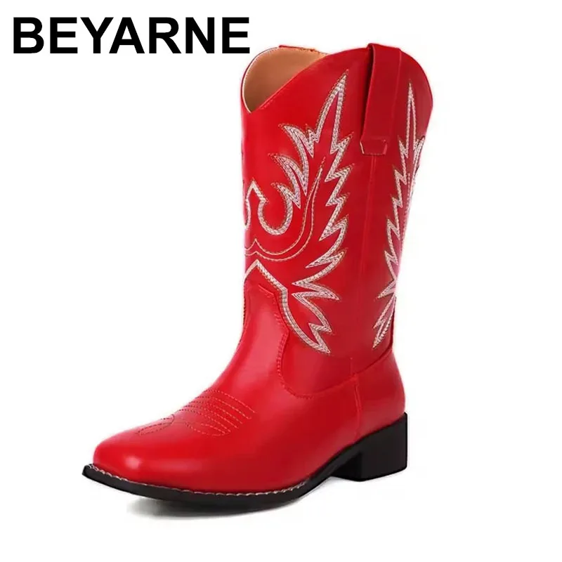 

2025 Women Western Boots Square Toe Block Heels 3.5cm Slip On Embroider Large Casual Daily Autumn Booty
