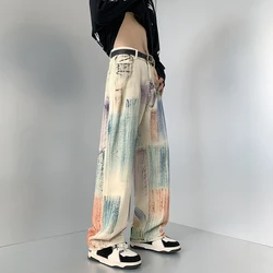 New Fashion Graffiti Tie-dye Jeans Hip Hop Rock Loose Straight Trousers for Men and Women Retro Harajuku Streetwear Pants