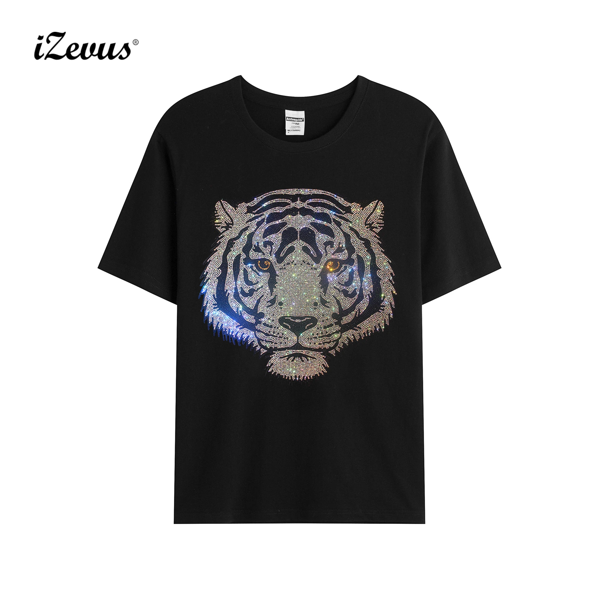 Hot sale high quality white tiger head drill figure men's summer cotton casual T-shirt