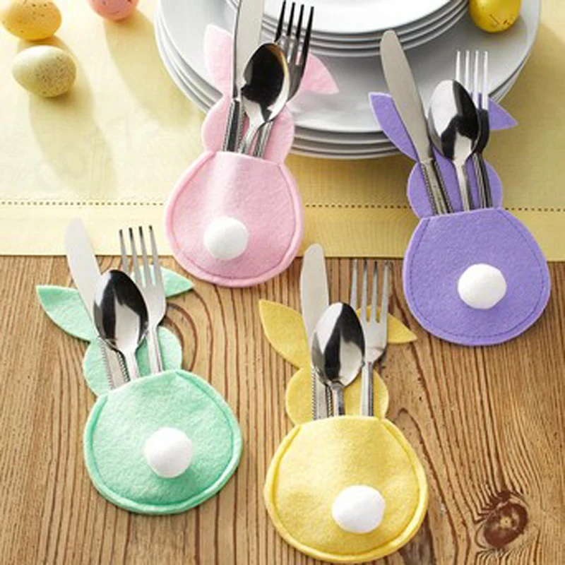 4Pcs/set Easter Bunny Cutlery Holders Cartoon Rabbit Shaped Felt Knife and Fork Storage Bag Table Decoration