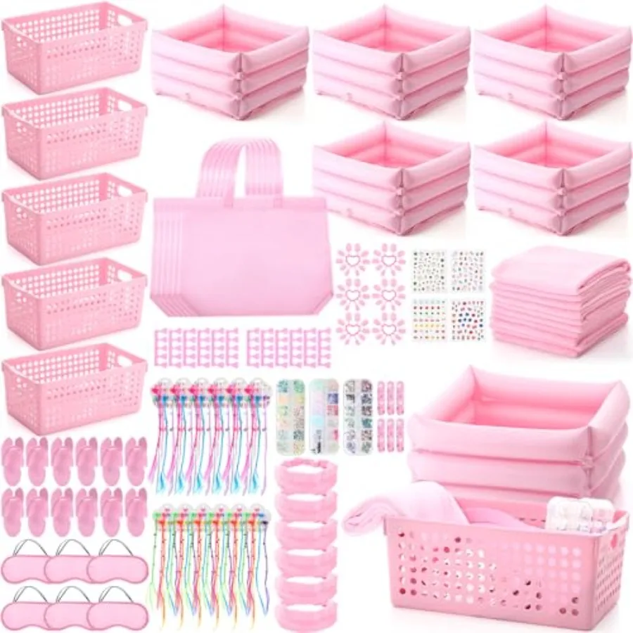

85 Pcs Spa Kit Nail Art Kit Sleepover Party Supplies with 12.5 x 12.5 in Inflatable Foot Tubs Foot Bath Towel and Basket DIY Ma