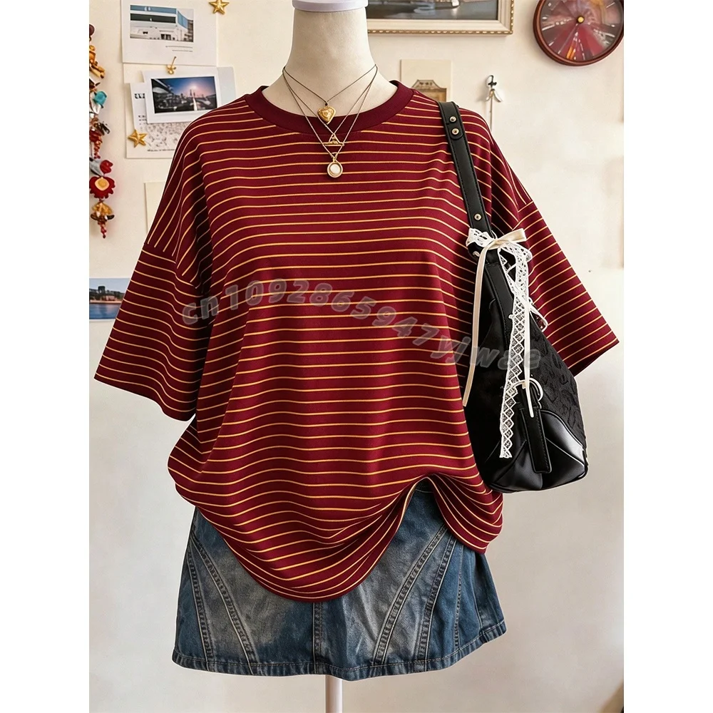 Damen Gestreiftes Digital-Print Casual Plus Size Mid-Length Rundhals-T-Shirt mit überschnittenen Schultern – Street Fashion für Damen und Herren – Detail 10