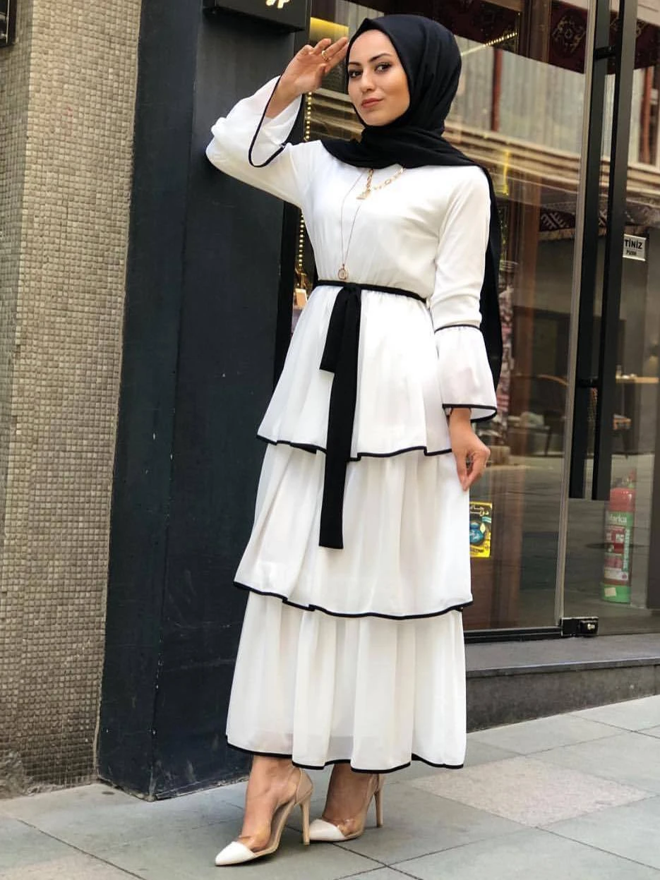 Dubai islam muçulmano doce bolo vestido feminino manga alargamento rendas multi-camada plissado cupcake vestidos até o tornozelo roupas islâmicas