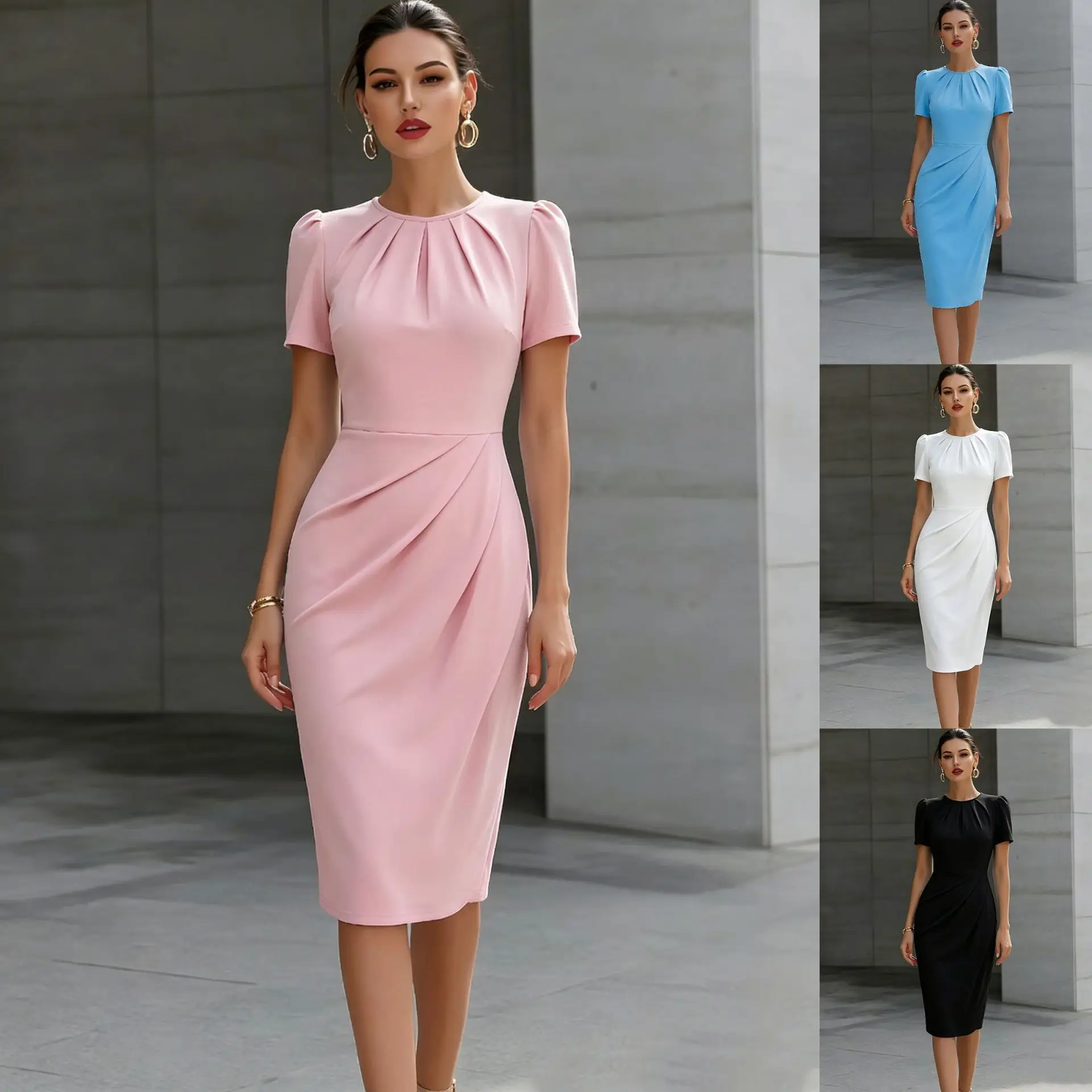New Summer Women's Gentle Pink Dress Short-sleeved Pleated Waist Slimming Fashion Simple Commuting Mid-length Skirt for Female