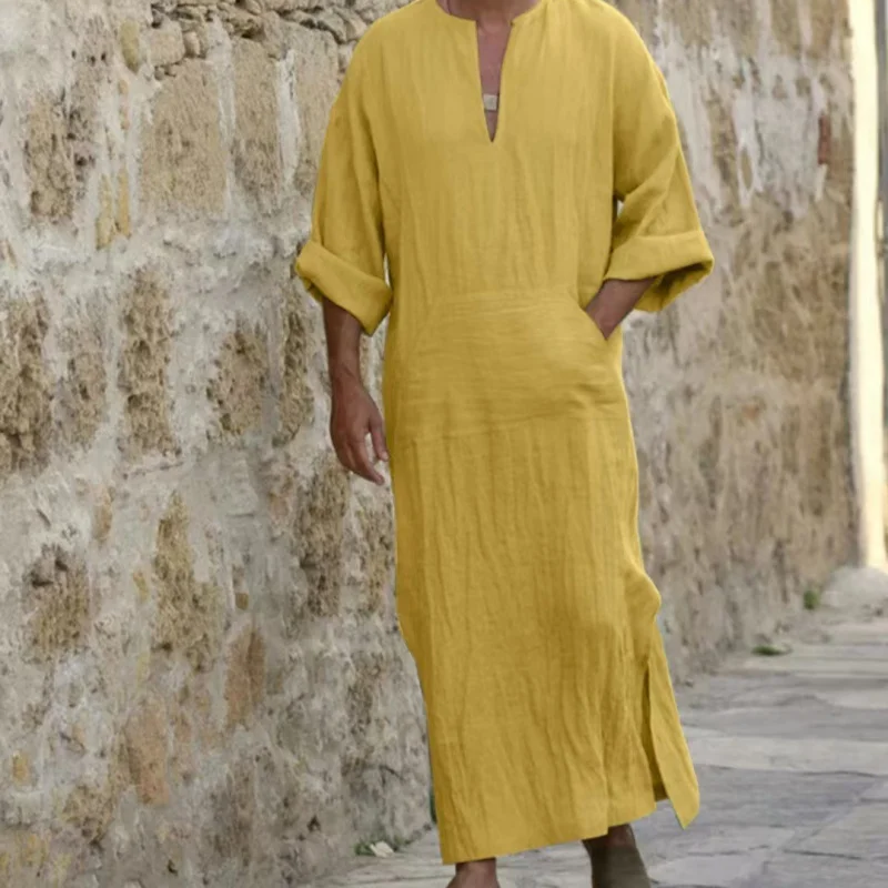 

2023 Men's Long Sve Cotton Linen Large T-irt Middle East Sle Comfortable Casual Wear Summer Thiened Slim Fit T-irt