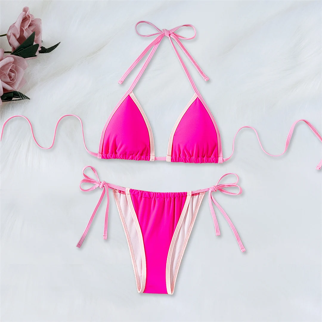 Halterneck-Bikini mit Trägern, Damen-Badebekleidung, zweiteiliger Bikini-Set, hoch geschnittene Beine, gepolsterter Badeanzug, Badebekleidung, Modell V8275. – Detail 2