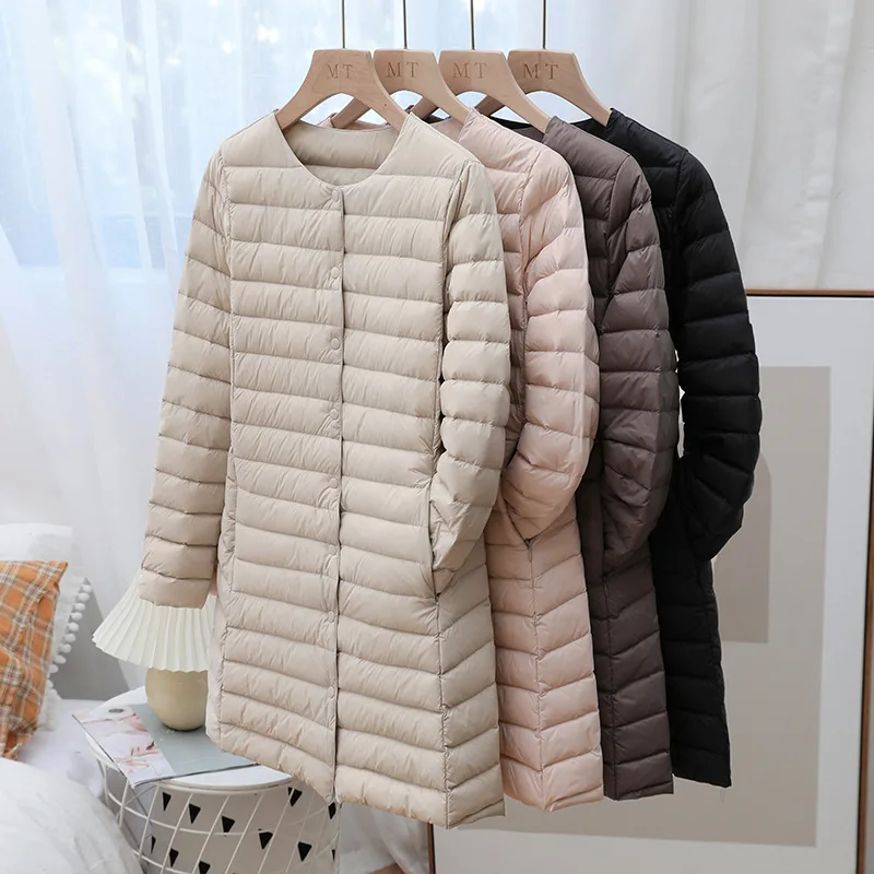 Lightweight Down Jacket Women Mid Length Round Neck Warm White Duck Down Coats Female Basics V-neck Parkas Casacos