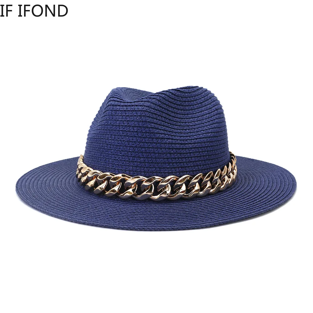 Fashion Gold Chain Belt Panama Straw Hats For Women Summer Breathable Beach Sun Hats Elegant Ladies Party Jazz Hat