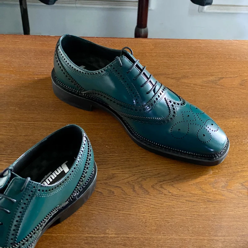 Spring and summer new style square head blue green carved formal lace up block shoes cowhide large low heel versatile men's shoe