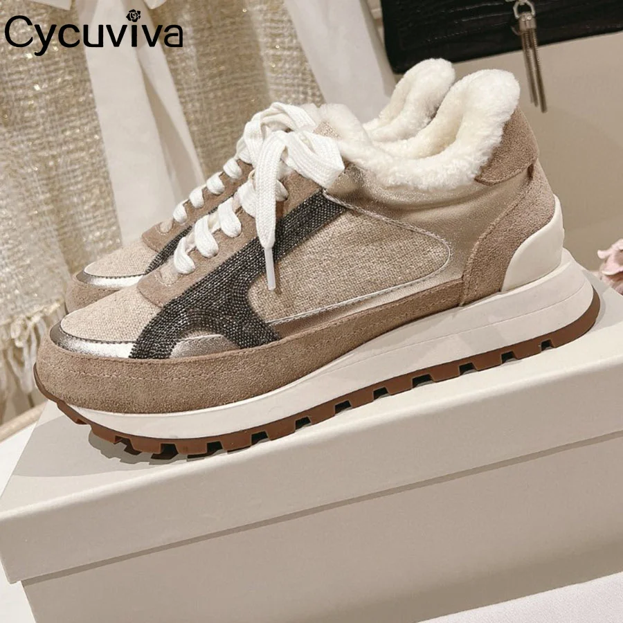 Winter Brand Suede Flat Shoes Women Thick Sole Lace Up Wool Casual Sneakers Comfort Party Vacation Walking Shoes Running Shoes