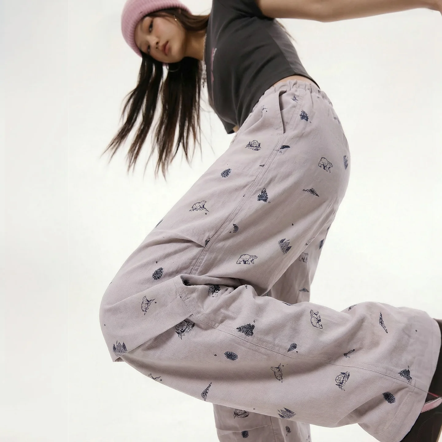 

Maden Women's Cotton Straight Wide Leg Pants Elastic Waist Mountain Style Printed Casual Loose Fit Workwear Trouser Spring